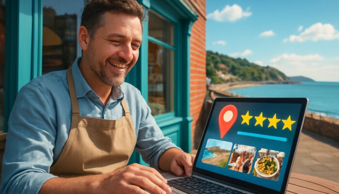 Torbay shop owner updating Google Business Profile on laptop with coastal backdrop