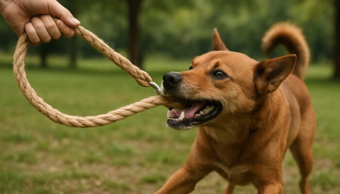 Playful dog tugging sturdy natural hemp leash on energetic park walk, highlighting durability.