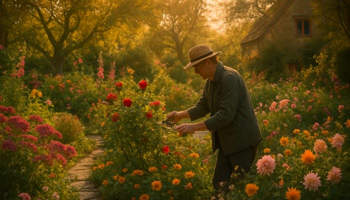 Gardener pruning roses in a vibrant Martock cottage garden during the golden hour, surrounded by stone pathways.
