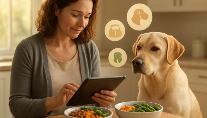 Owner reviewing Labrador health data on a tablet next to tailored nutrition bowls in a kitchen