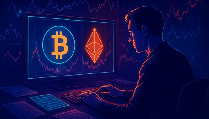 Cryptocurrency trader reconciling Bitcoin-Ethereum trades amid volatile charts, tax forms, and neon-lit ledgers.