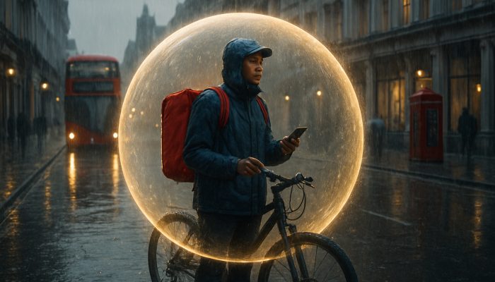 Gig worker sheltered in a glowing bubble on a rainy London street, symbolising Breathing Space debt relief