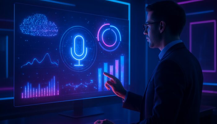 Futuristic marketer analysing holographic voice search trends and keyword clouds on digital dashboard