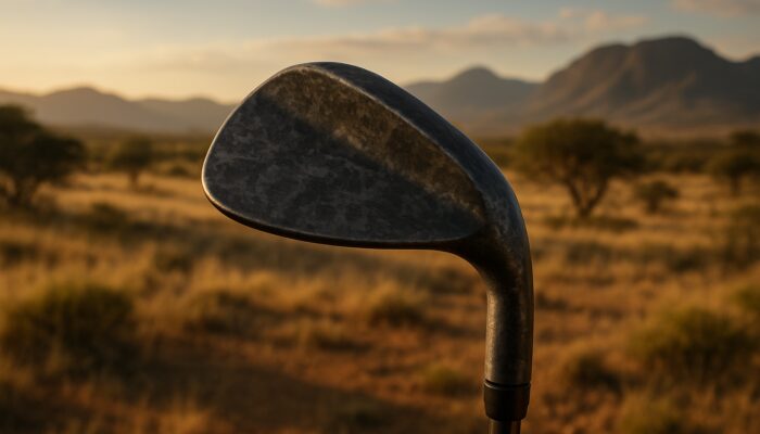 Close-up of forged carbon steel golf wedge on sunlit South African savanna fairway with mountains.
