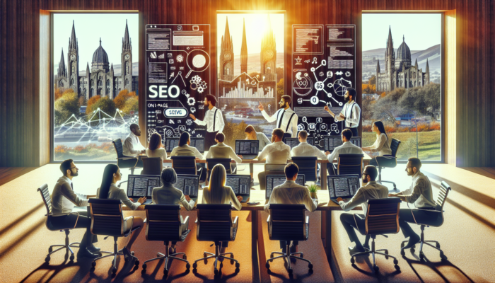 SEO professionals in a contemporary Yeovil office discussing effective on-page strategies, surrounded by laptops displaying code and graphs, with historic landmarks visible through the windows.