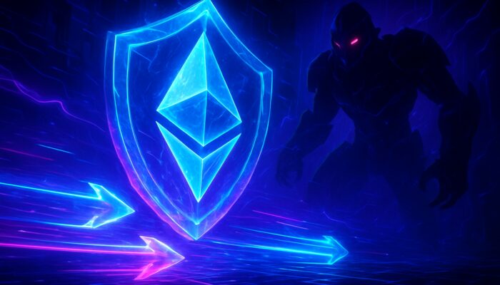 Cyberpunk arena with radiant Ethereum transactions shielded by crystalline armour from elusive MEV bots in neon shades of blue and purple.