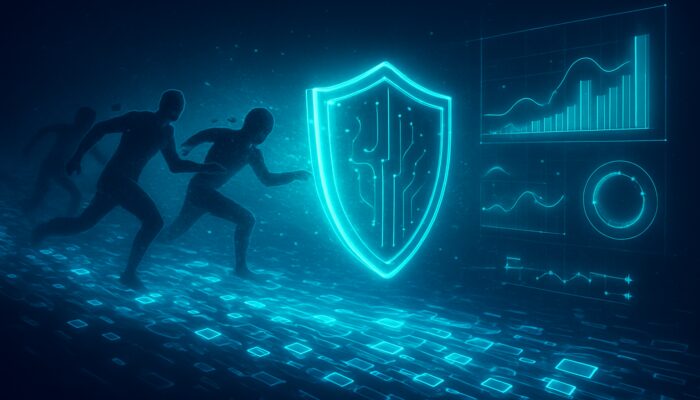 Digital shield defending against MEV front-runners from blockchain transactions with holographic resilience metrics glowing in neon void.