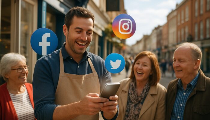 Taunton shop owner with a smartphone displaying Facebook, Instagram, and Twitter icons, engaging local customers.