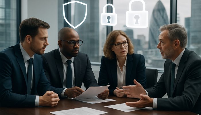 Business executives consult UK legal experts in a modern London office with floating compliance shield icons.
