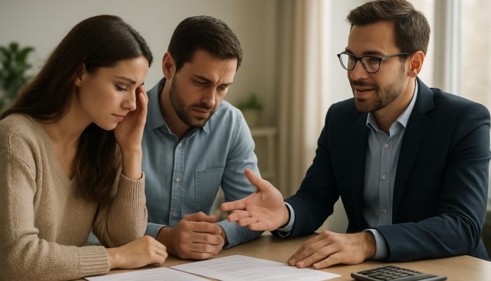 What Happens if One Partner Stops Paying: Mortgage Advice | DCL Financial advisor comforting concerned couple reviewing debt documents in a calm modern office
