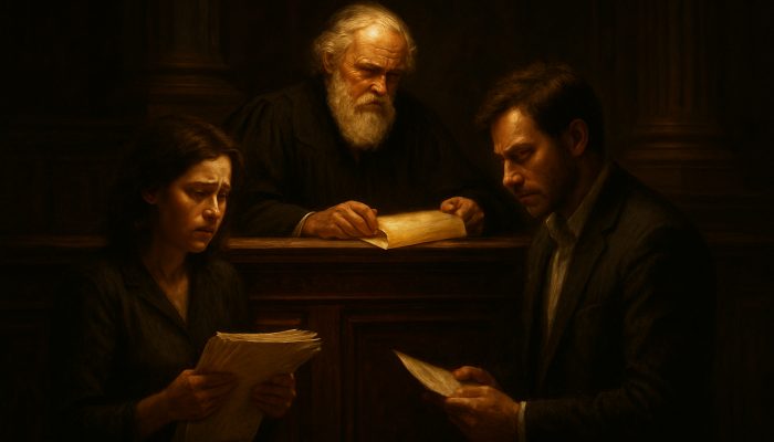 What Happens if One Partner Stops Paying: Mortgage Advice | DCL Judge reviews glowing scrolls as couple holds mortgage documents in an ornate courtroom.